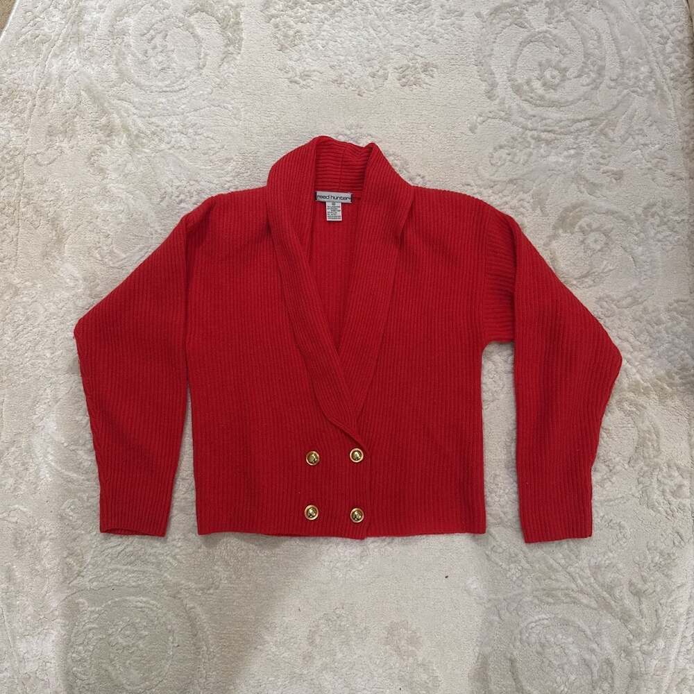 Reed Hunter‎ Red Lambswool Angora Ribbed Cardigan | Gold Button V-Neck